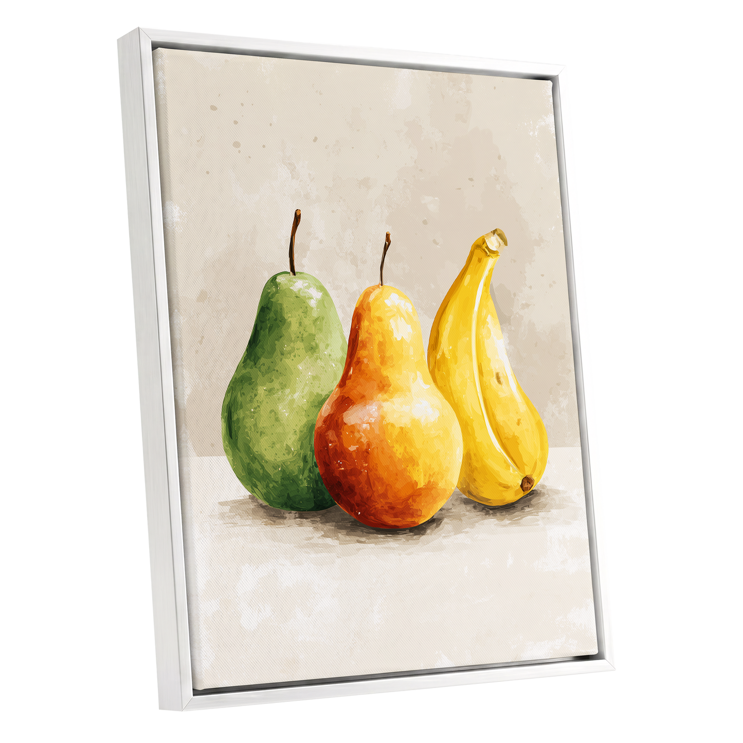 Sunlit Fruit Trio, green, beige, yellow nature wall art shown as a white framed canvas wall art
