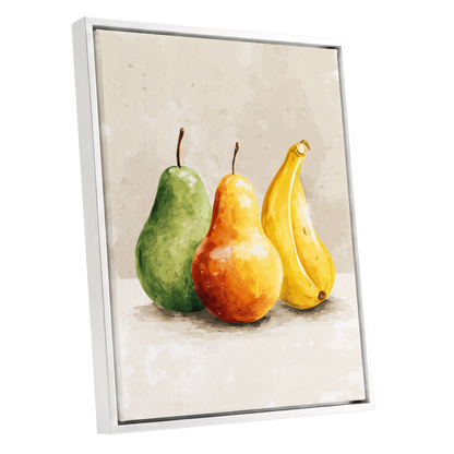 Sunlit Fruit Trio, green, beige, yellow nature wall art shown as a white framed canvas wall art