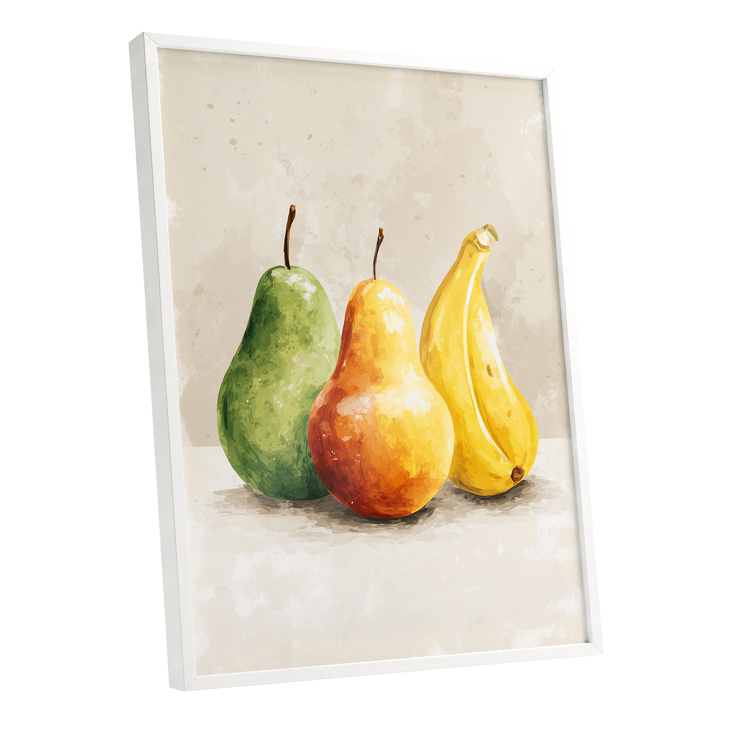 Sunlit Fruit Trio, green, beige, yellow nature wall art shown as a white framed poster wall art print