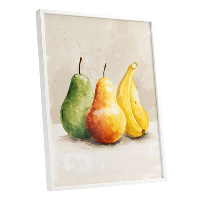 Sunlit Fruit Trio, green, beige, yellow nature wall art shown as a white framed poster wall art print