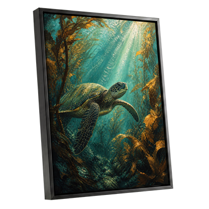 Sunlit Kelp Voyager, blue, green, gold nature wall art shown as a black framed canvas wall art