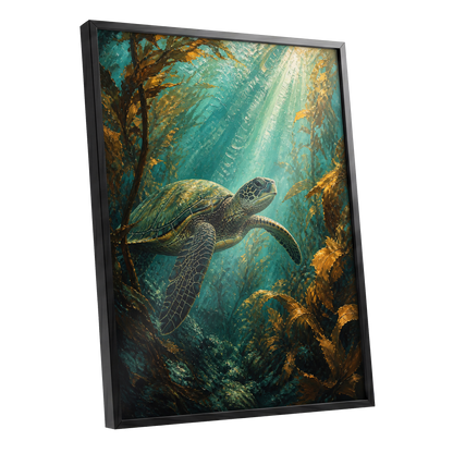 Sunlit Kelp Voyager, blue, green, gold nature wall art shown as a black framed poster wall art print
