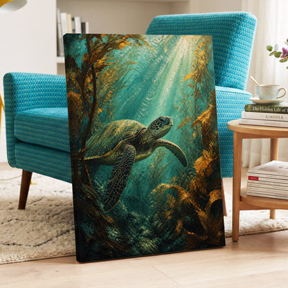 Sunlit Kelp Voyager, blue, green, gold nature wall art on canvas displayed in a styled interior, gallery view 2