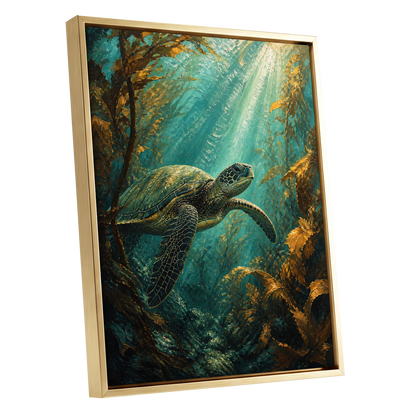 Sunlit Kelp Voyager, blue, green, gold nature wall art shown as a gold framed canvas wall art