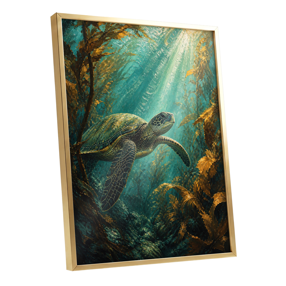 Sunlit Kelp Voyager, blue, green, gold nature wall art shown as a gold framed poster wall art print