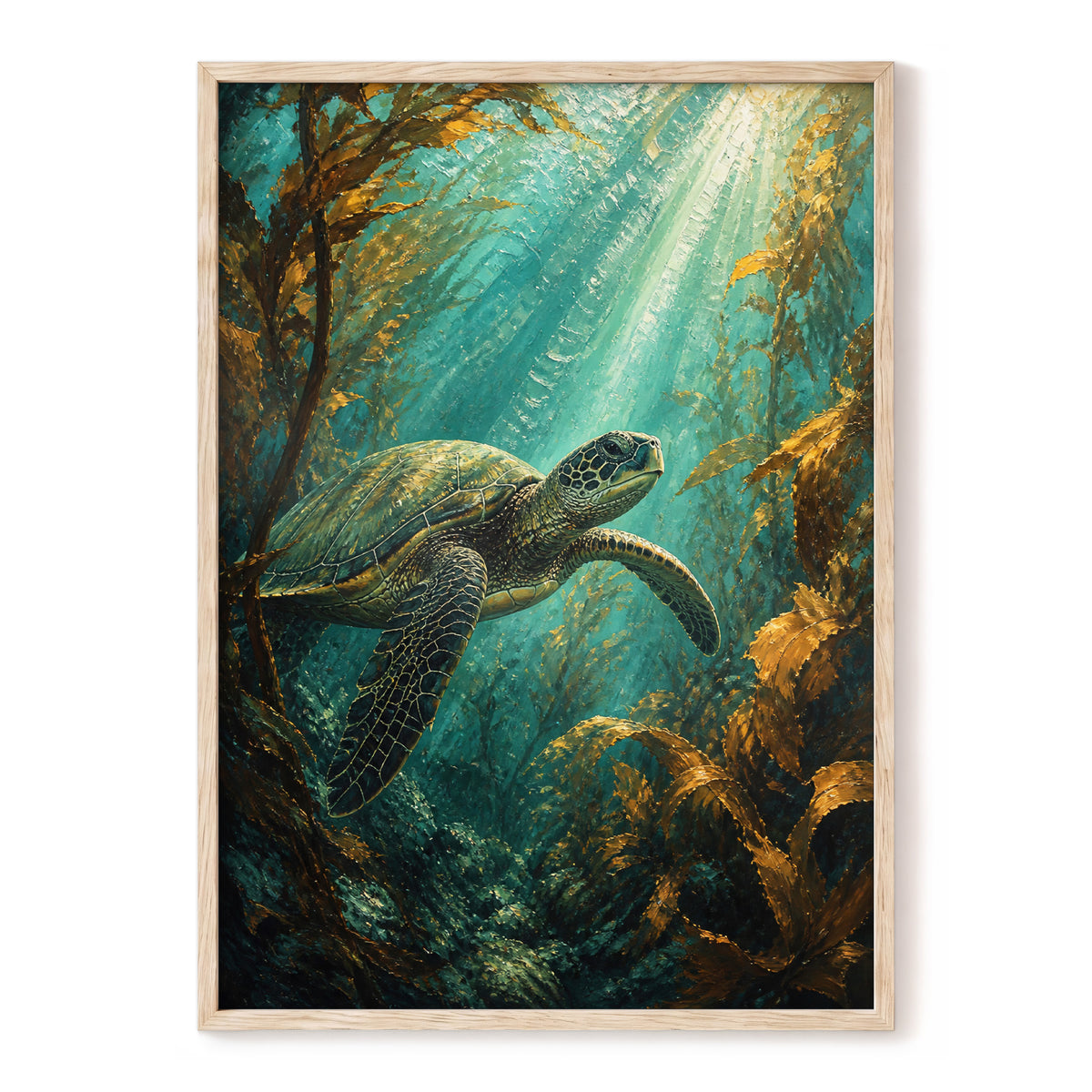 Sunlit Kelp Voyager, blue, green, gold nature wall art, front artwork view