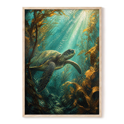 Sunlit Kelp Voyager, blue, green, gold nature wall art, front artwork view