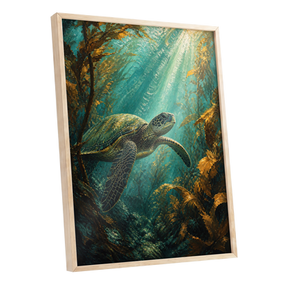 Sunlit Kelp Voyager, blue, green, gold nature wall art shown as a oak framed poster wall art print