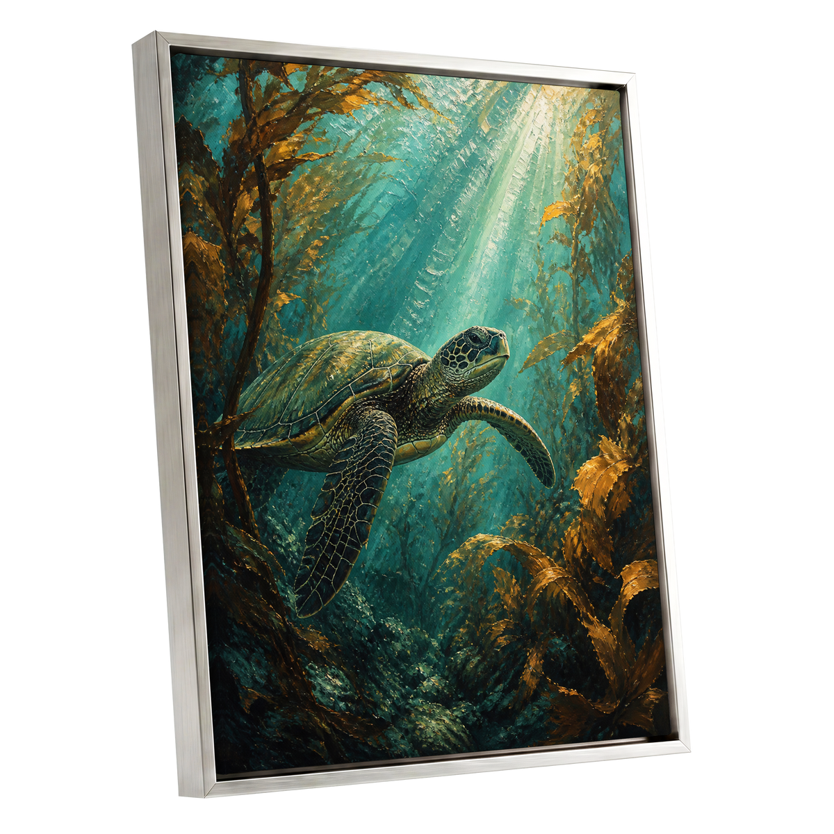 Sunlit Kelp Voyager, blue, green, gold nature wall art shown as a silver framed canvas wall art