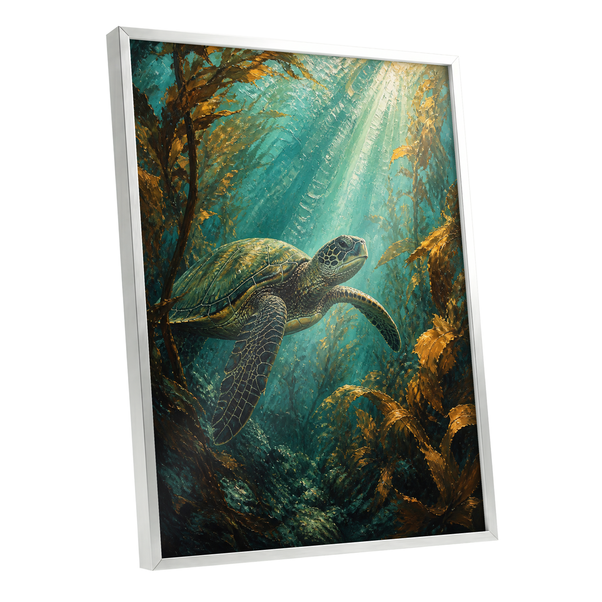 Sunlit Kelp Voyager, blue, green, gold nature wall art shown as a silver framed poster wall art print