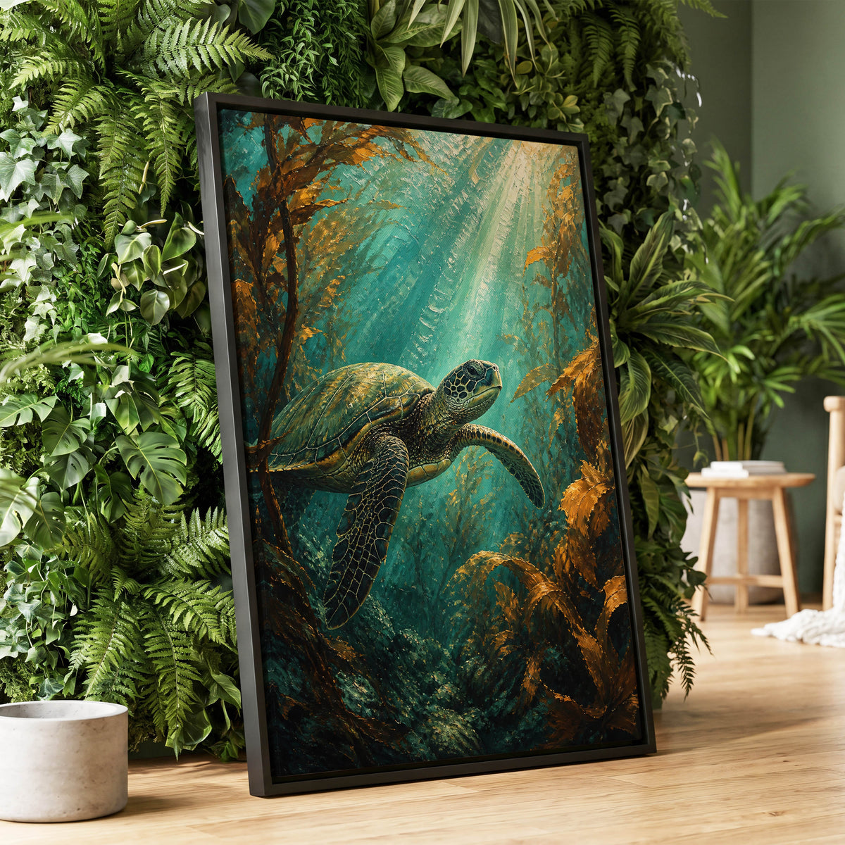 Sunlit Kelp Voyager, blue, green, gold nature wall art displayed in a styled interior, gallery view 1
