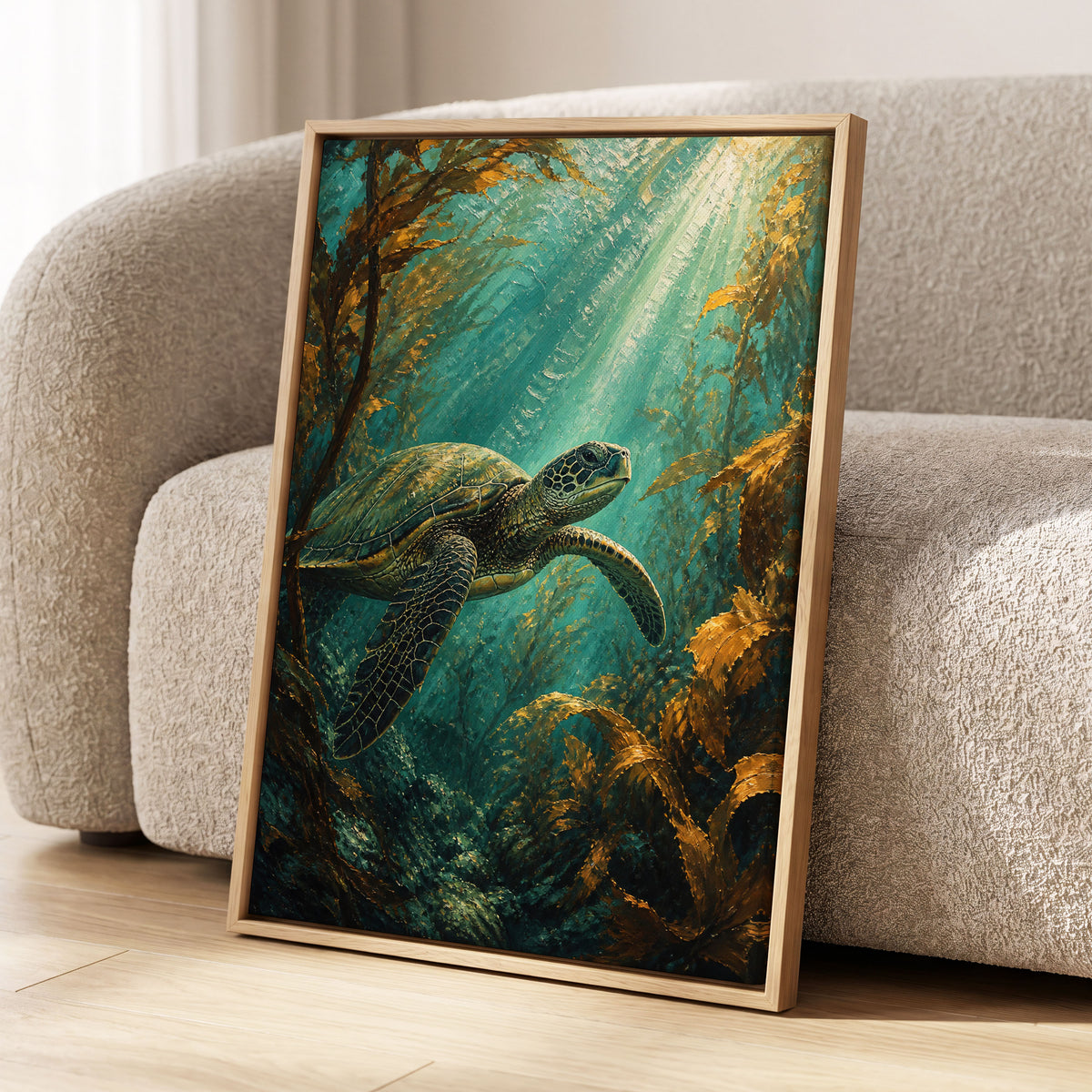 Sunlit Kelp Voyager, blue, green, gold nature wall art displayed in a styled interior, gallery view 2