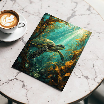 Sunlit Kelp Voyager, blue, green, gold nature wall art displayed in a styled interior, gallery view 3