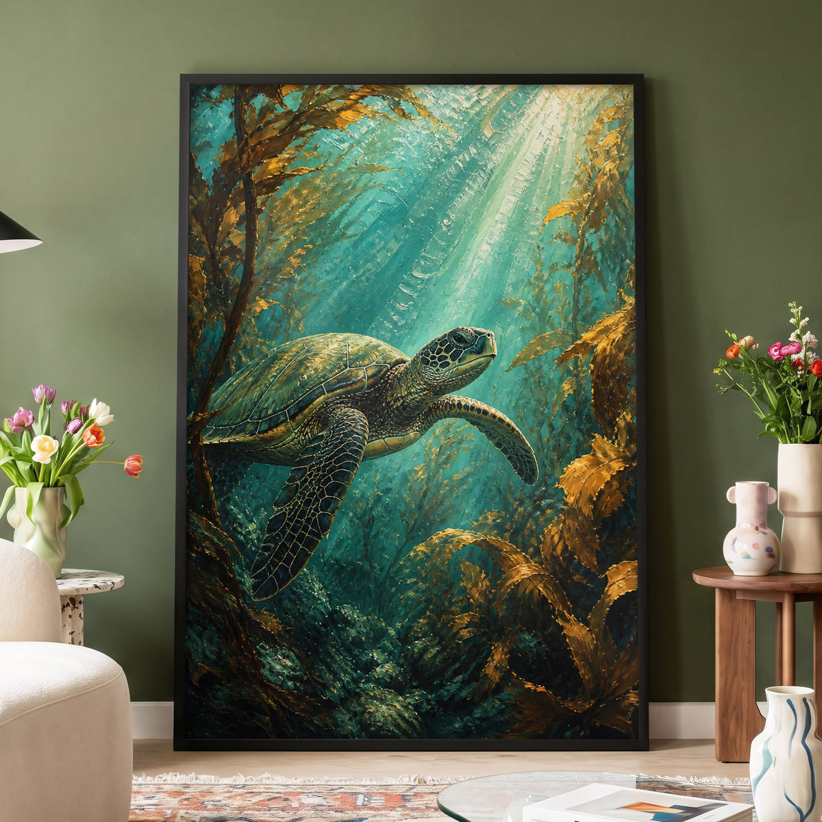 Sunlit Kelp Voyager, blue, green, gold nature wall art displayed in a styled interior, gallery view 4