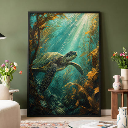 Sunlit Kelp Voyager, blue, green, gold nature wall art displayed in a styled interior, gallery view 4