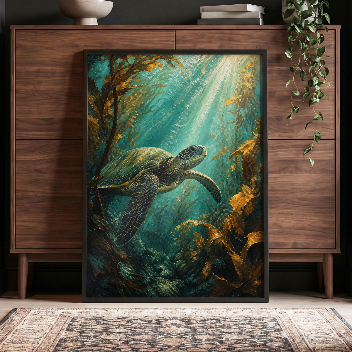 Sunlit Kelp Voyager, blue, green, gold nature wall art displayed in a styled interior, gallery view 5