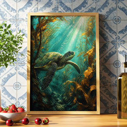 Sunlit Kelp Voyager, blue, green, gold nature wall art displayed in a styled interior, gallery view 6