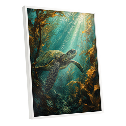 Sunlit Kelp Voyager, blue, green, gold nature wall art shown as a white framed poster wall art print