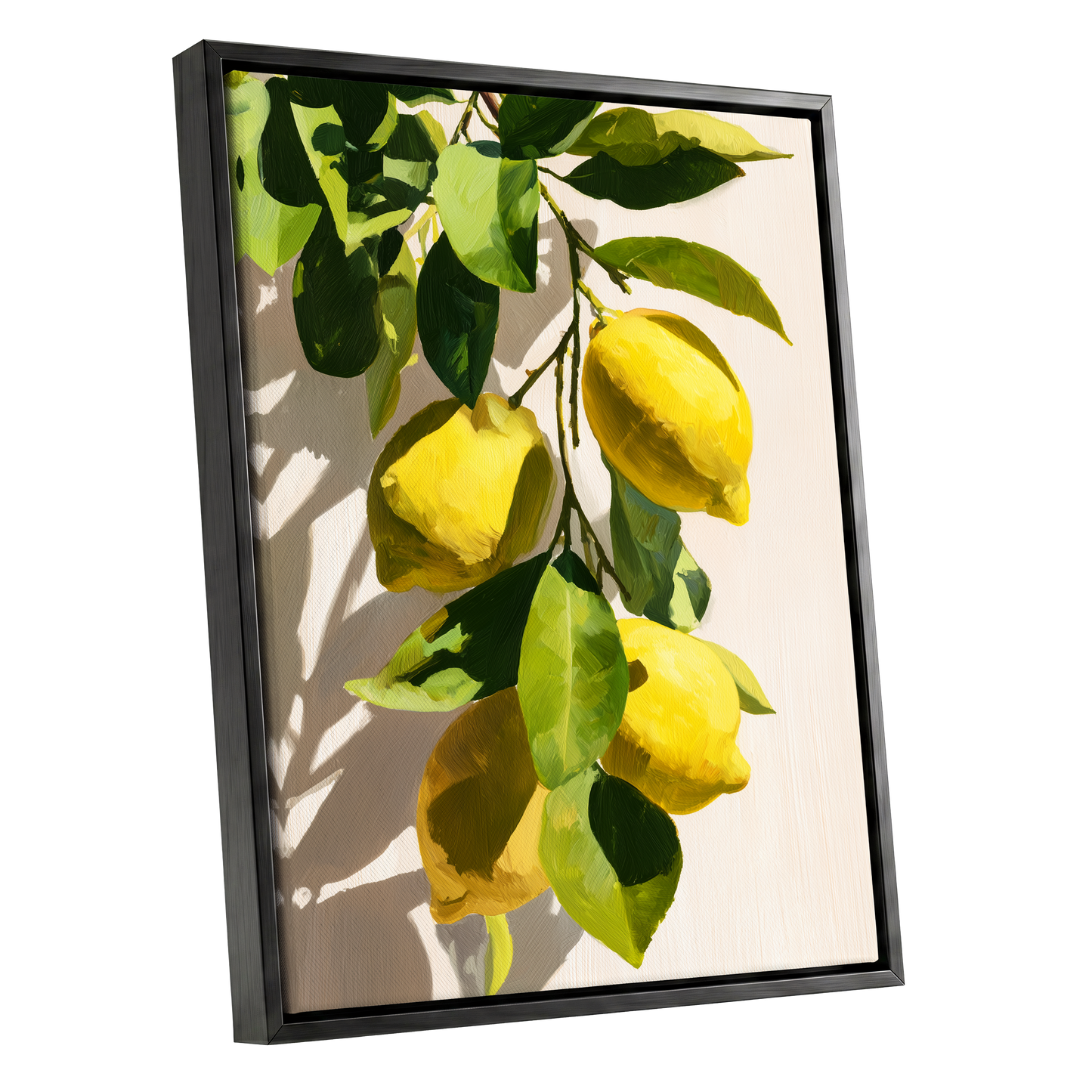 Sunlit Lemon Bough, green, yellow, beige nature wall art shown as a black framed canvas wall art