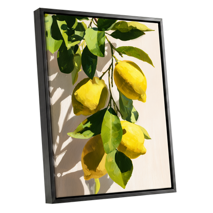 Sunlit Lemon Bough, green, yellow, beige nature wall art shown as a black framed canvas wall art