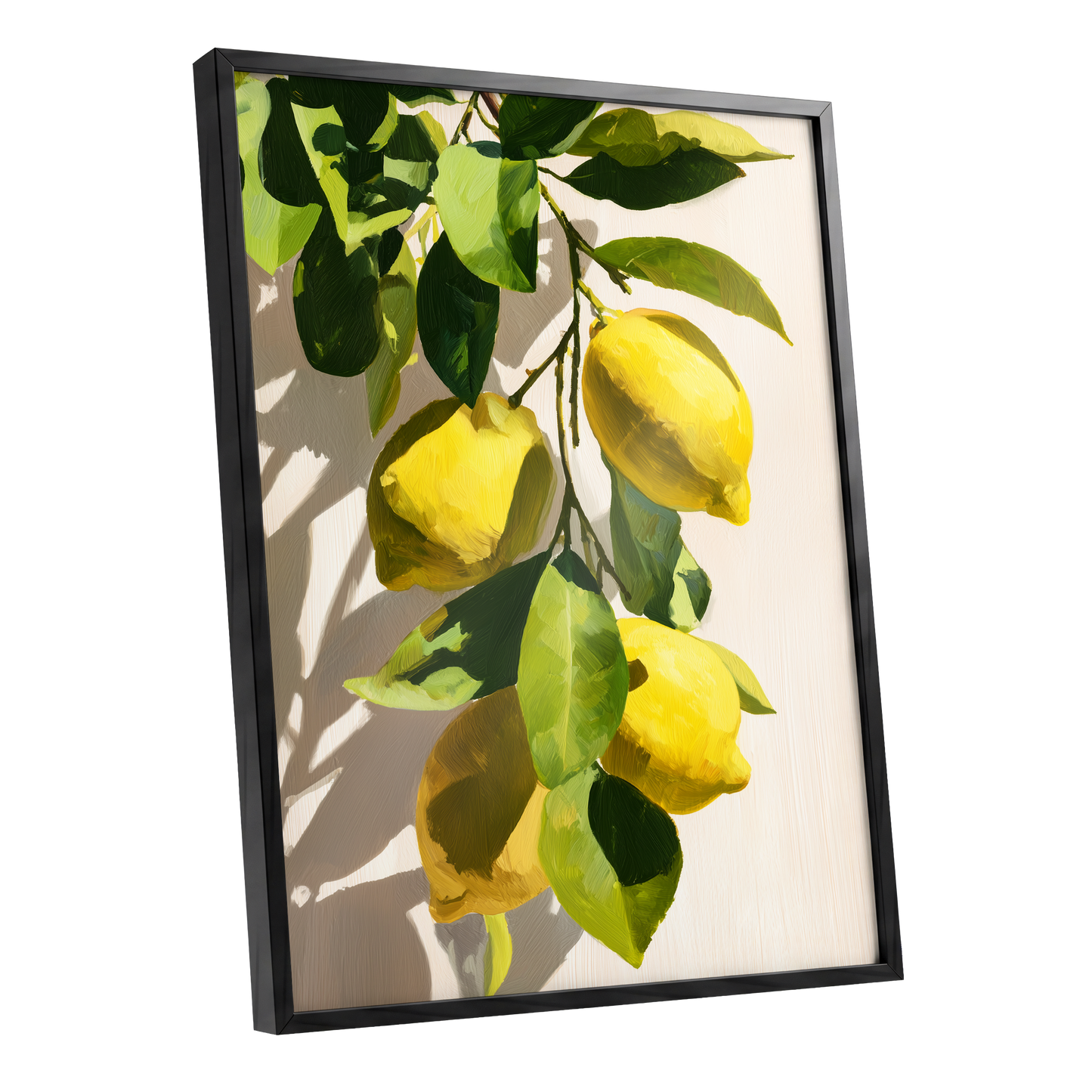 Sunlit Lemon Bough, green, yellow, beige nature wall art shown as a black framed poster wall art print