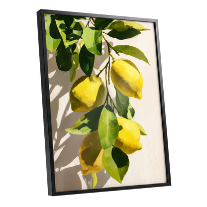 Sunlit Lemon Bough, green, yellow, beige nature wall art shown as a black framed poster wall art print