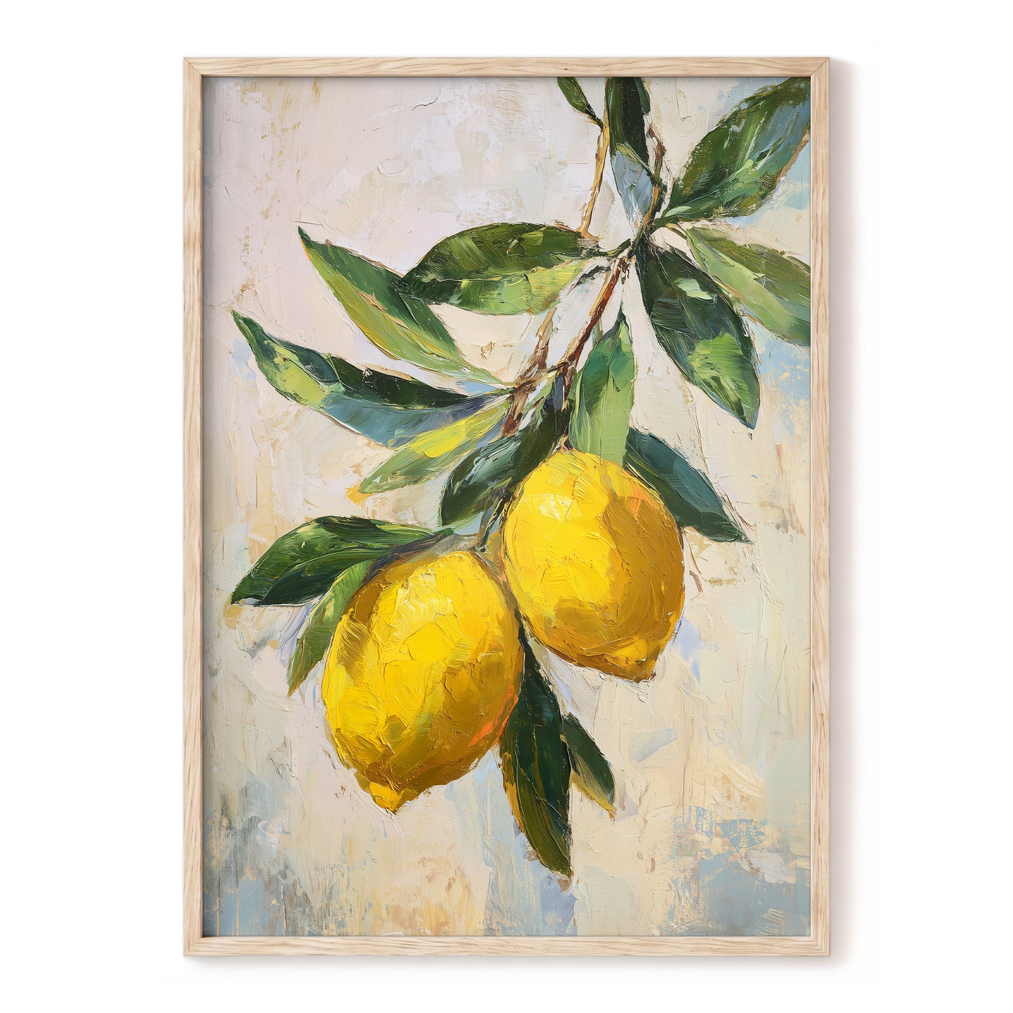 Sunlit Lemon Bough – green, beige, yellow nature wall art, front view