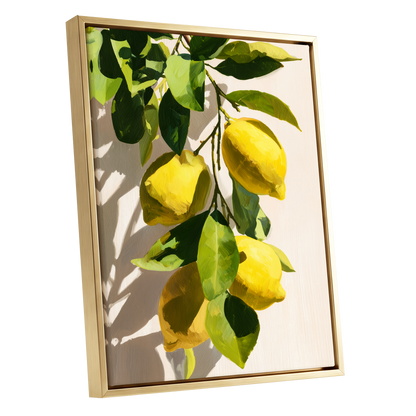 Sunlit Lemon Bough, green, yellow, beige nature wall art shown as a gold framed canvas wall art