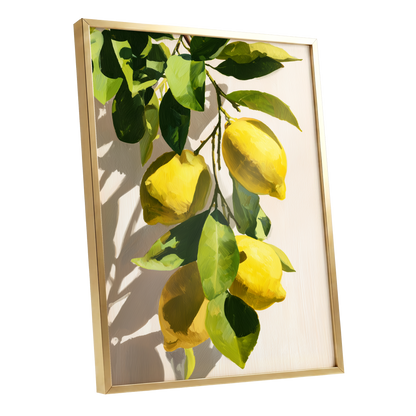 Sunlit Lemon Bough, green, yellow, beige nature wall art shown as a gold framed poster wall art print