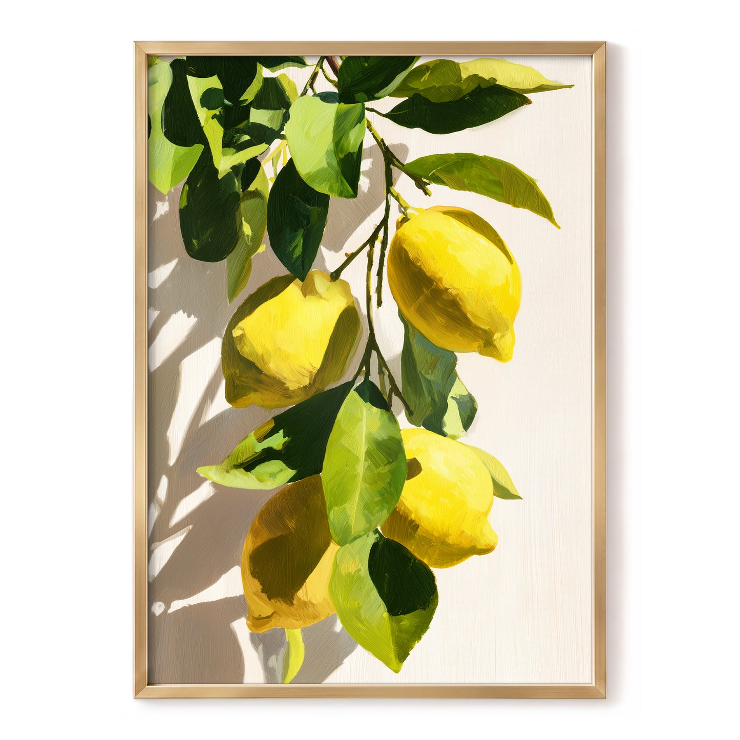 Sunlit Lemon Bough, green, yellow, beige nature wall art, front artwork view