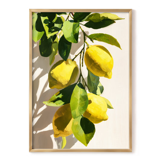 Sunlit Lemon Bough, green, yellow, beige nature wall art, front artwork view