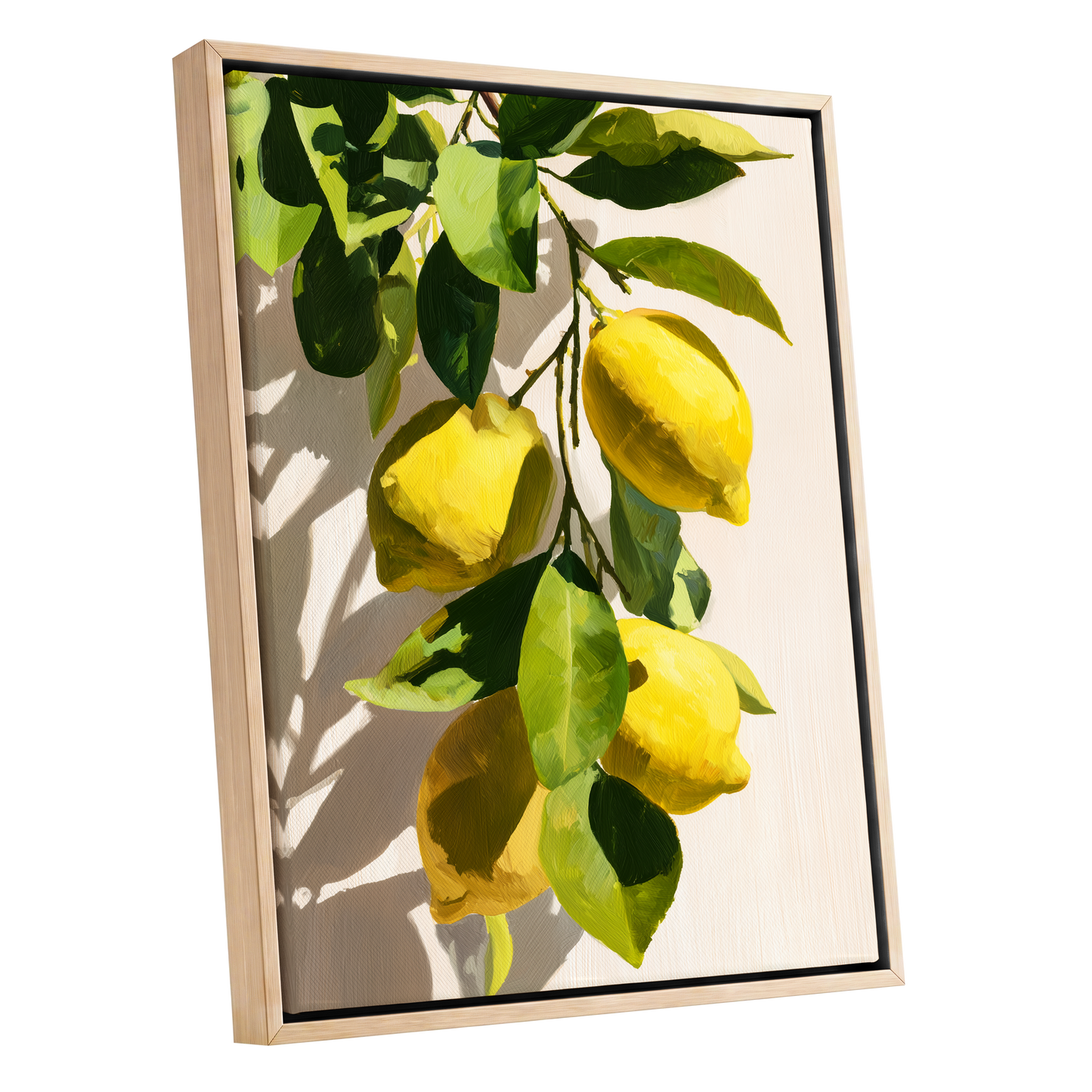 Sunlit Lemon Bough, green, yellow, beige nature wall art shown as a oak framed canvas wall art