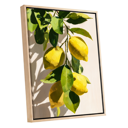 Sunlit Lemon Bough, green, yellow, beige nature wall art shown as a oak framed canvas wall art