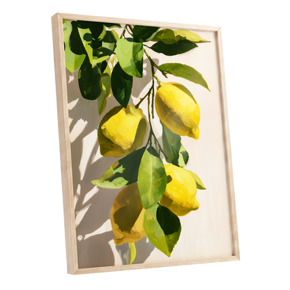 Sunlit Lemon Bough, green, yellow, beige nature wall art shown as a oak framed poster wall art print