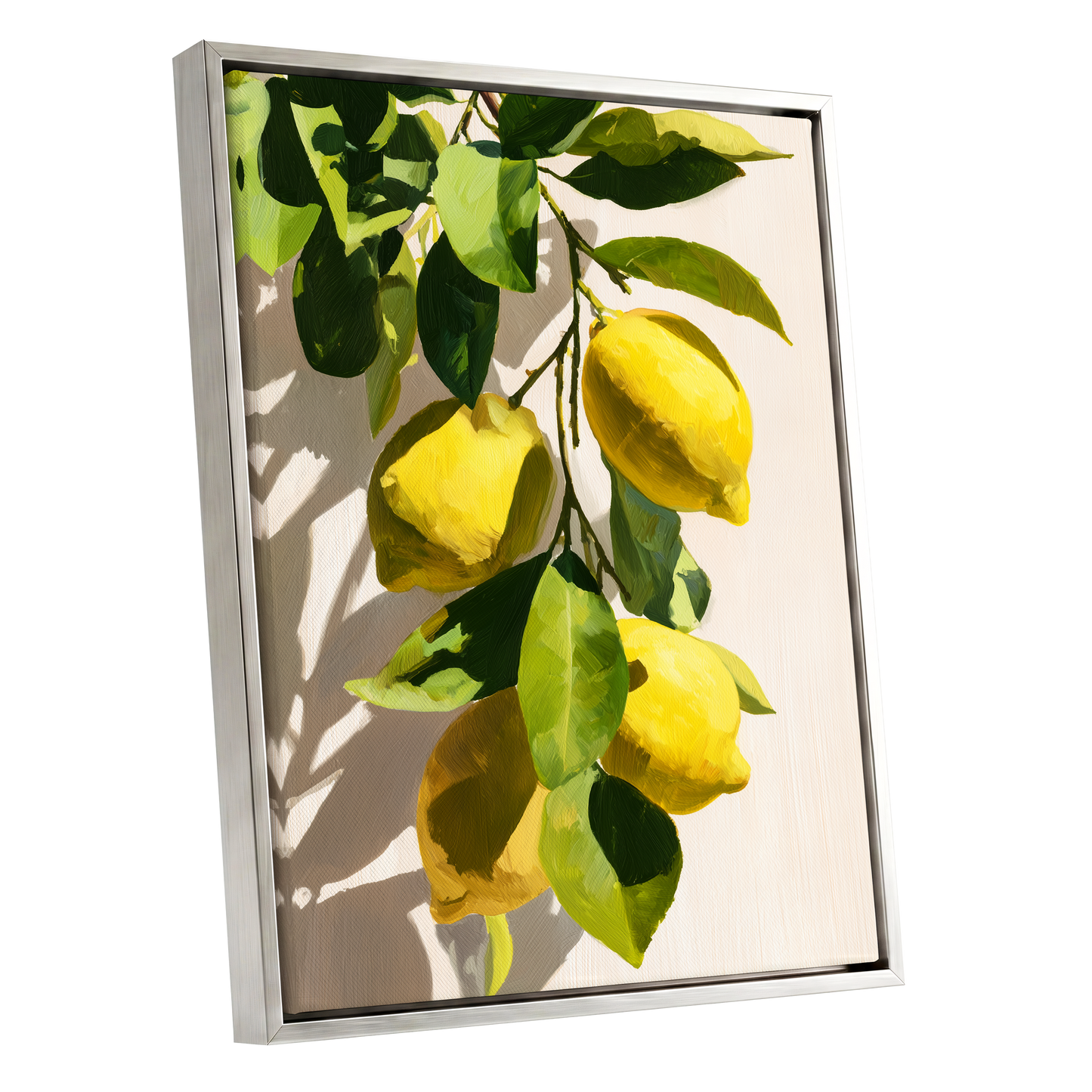 Sunlit Lemon Bough, green, yellow, beige nature wall art shown as a silver framed canvas wall art