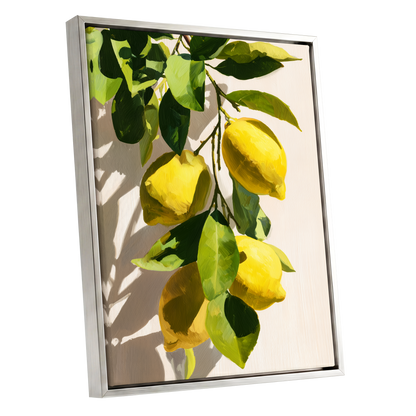Sunlit Lemon Bough, green, yellow, beige nature wall art shown as a silver framed canvas wall art