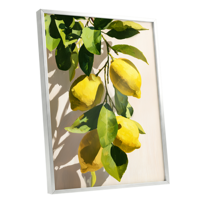 Sunlit Lemon Bough, green, yellow, beige nature wall art shown as a silver framed poster wall art print