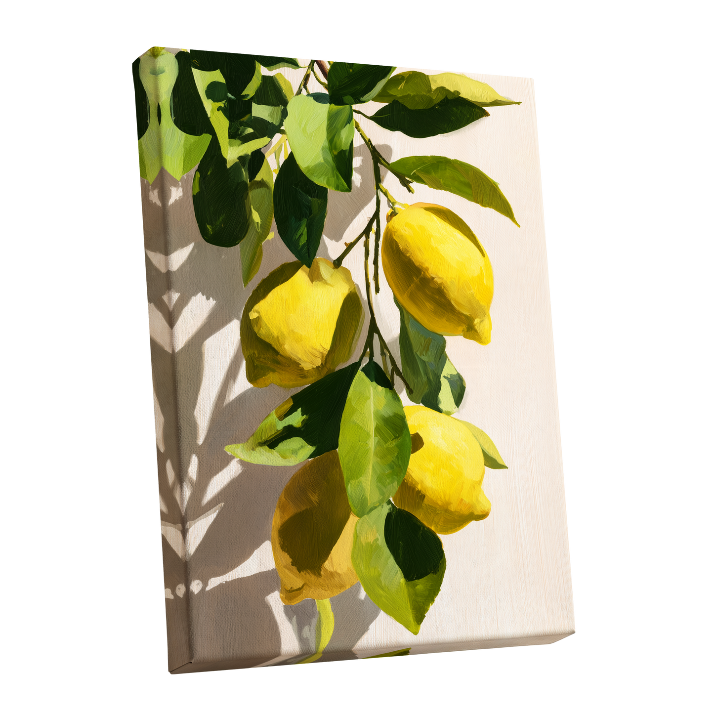 Sunlit Lemon Bough, green, yellow, beige nature wall art shown as a stretched canvas wall art