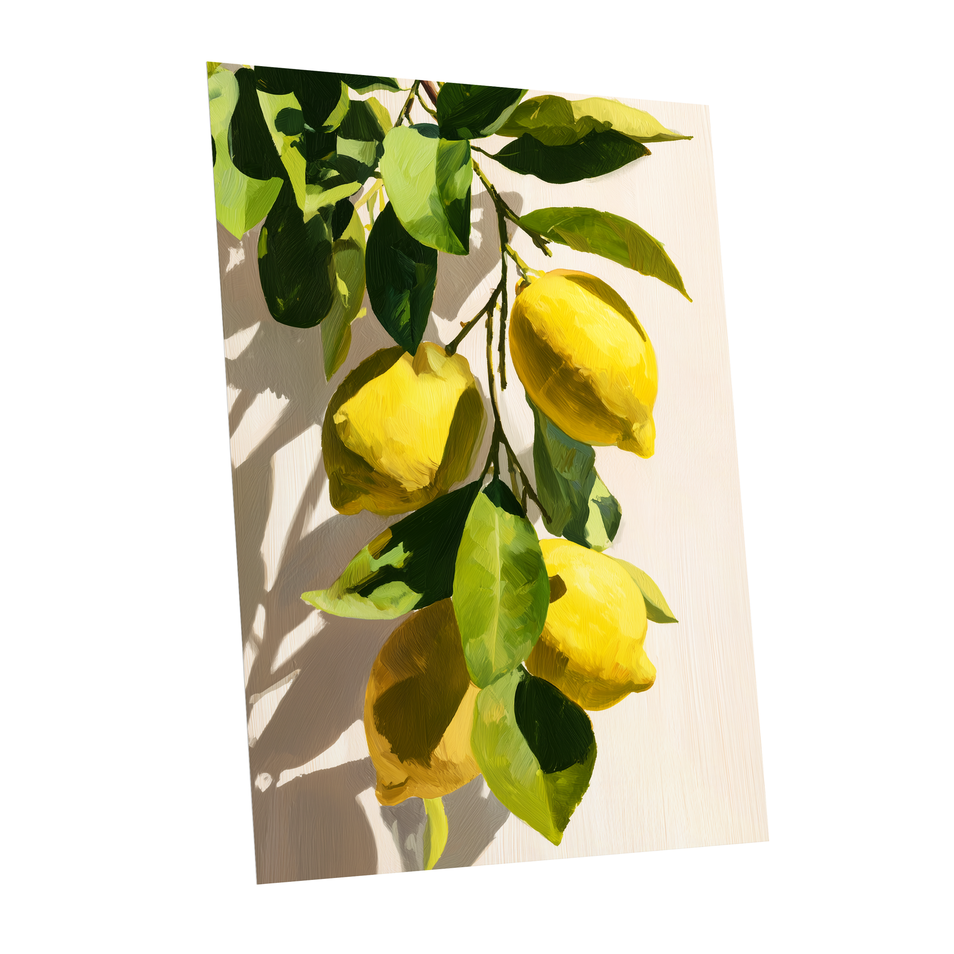 Sunlit Lemon Bough, green, yellow, beige nature wall art shown as a unframed poster wall art print