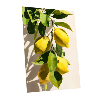 Sunlit Lemon Bough, green, yellow, beige nature wall art shown as a unframed poster wall art print