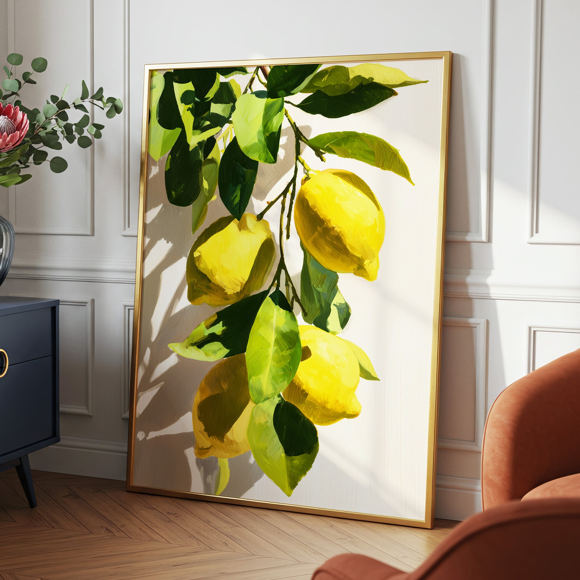 Sunlit Lemon Bough, green, yellow, beige nature wall art displayed in a styled interior, gallery view 2
