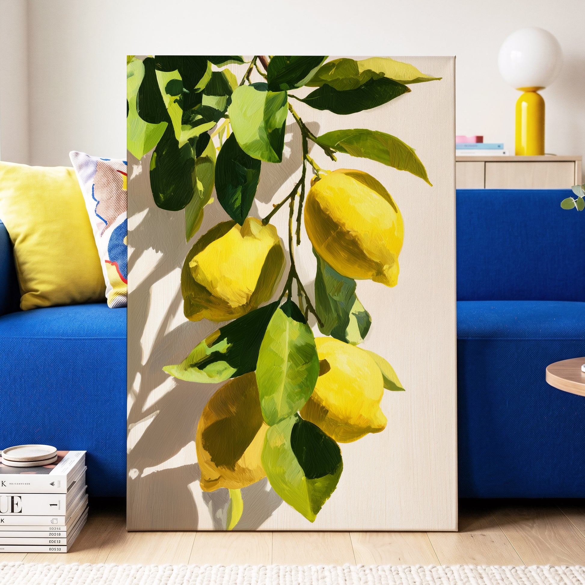 Sunlit Lemon Bough, green, yellow, beige nature wall art displayed in a styled interior, gallery view 3