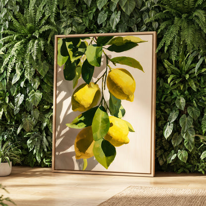 Sunlit Lemon Bough, green, yellow, beige nature wall art displayed in a styled interior, gallery view 4