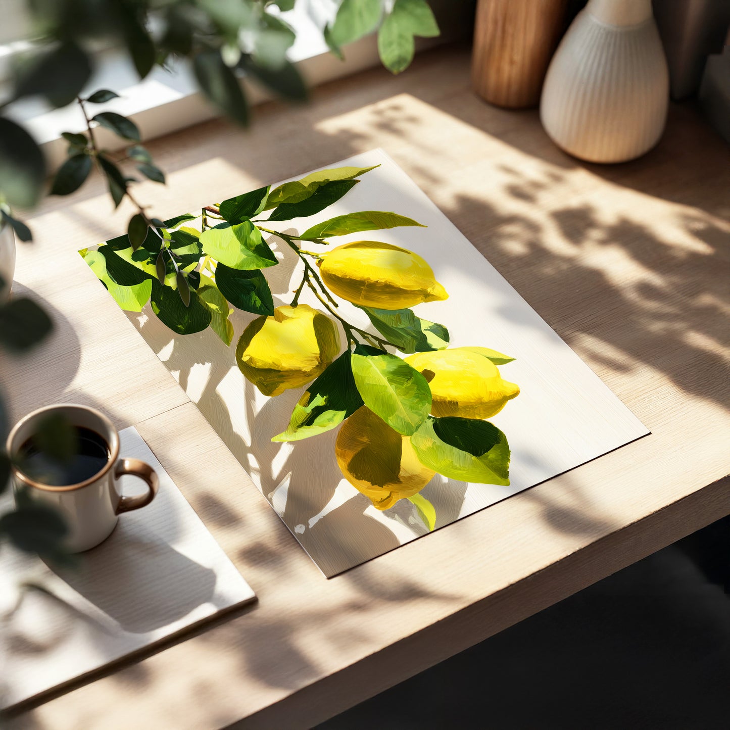 Sunlit Lemon Bough, green, yellow, beige nature wall art displayed in a styled interior, gallery view 5