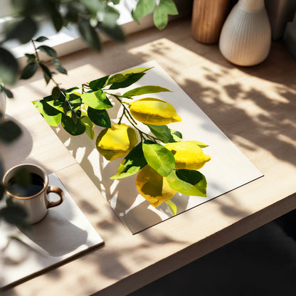 Sunlit Lemon Bough, green, yellow, beige nature wall art displayed in a styled interior, gallery view 5