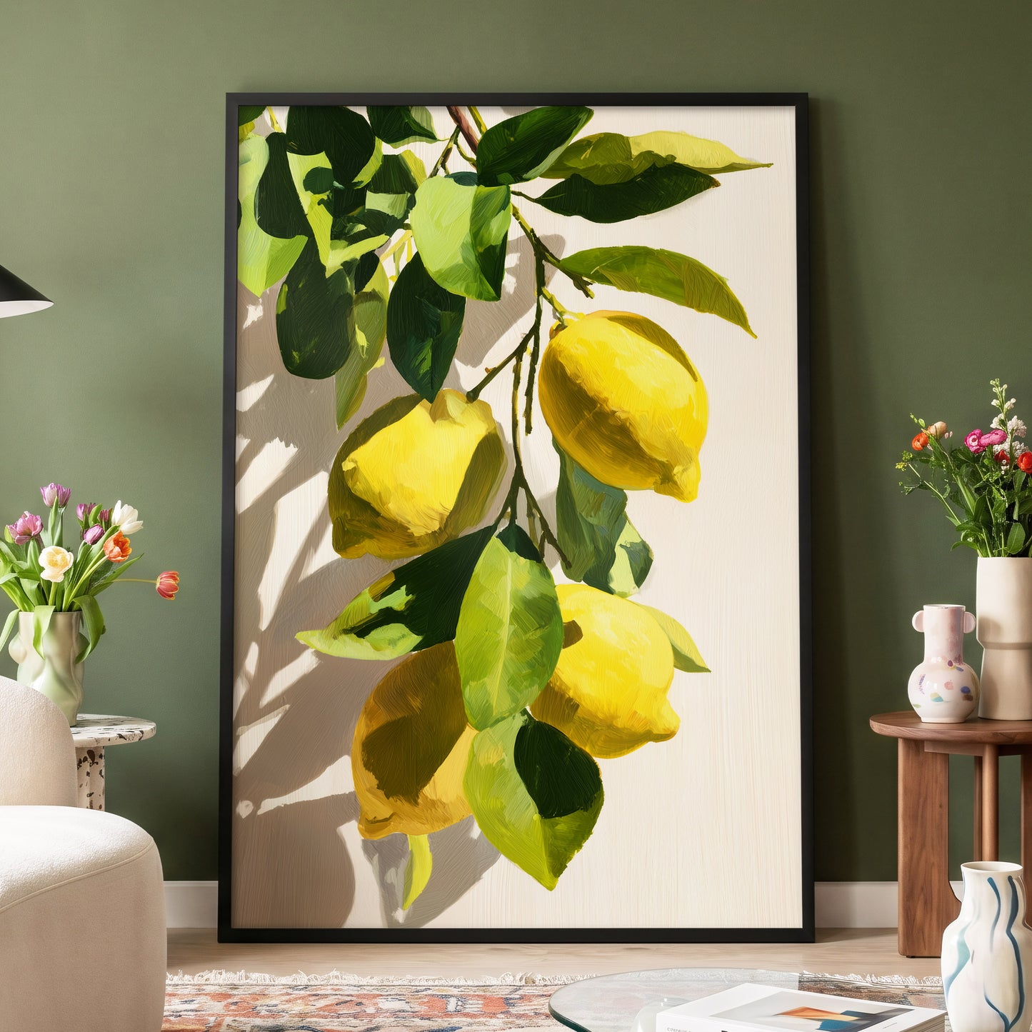 Sunlit Lemon Bough, green, yellow, beige nature wall art displayed in a styled interior, gallery view 6