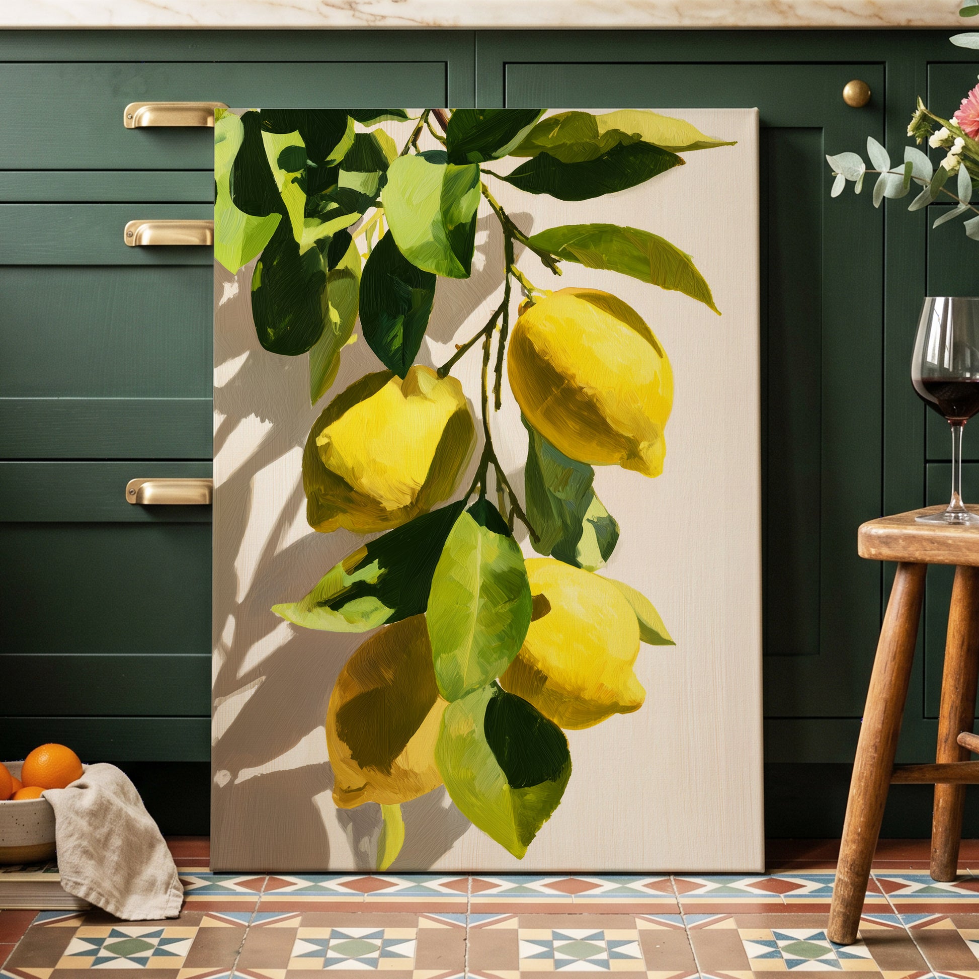 Sunlit Lemon Bough, green, yellow, beige nature wall art displayed in a styled interior, gallery view 7