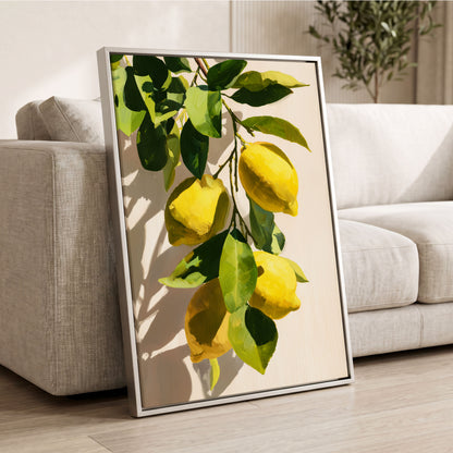 Sunlit Lemon Bough, green, yellow, beige nature wall art displayed in a styled interior, gallery view 8