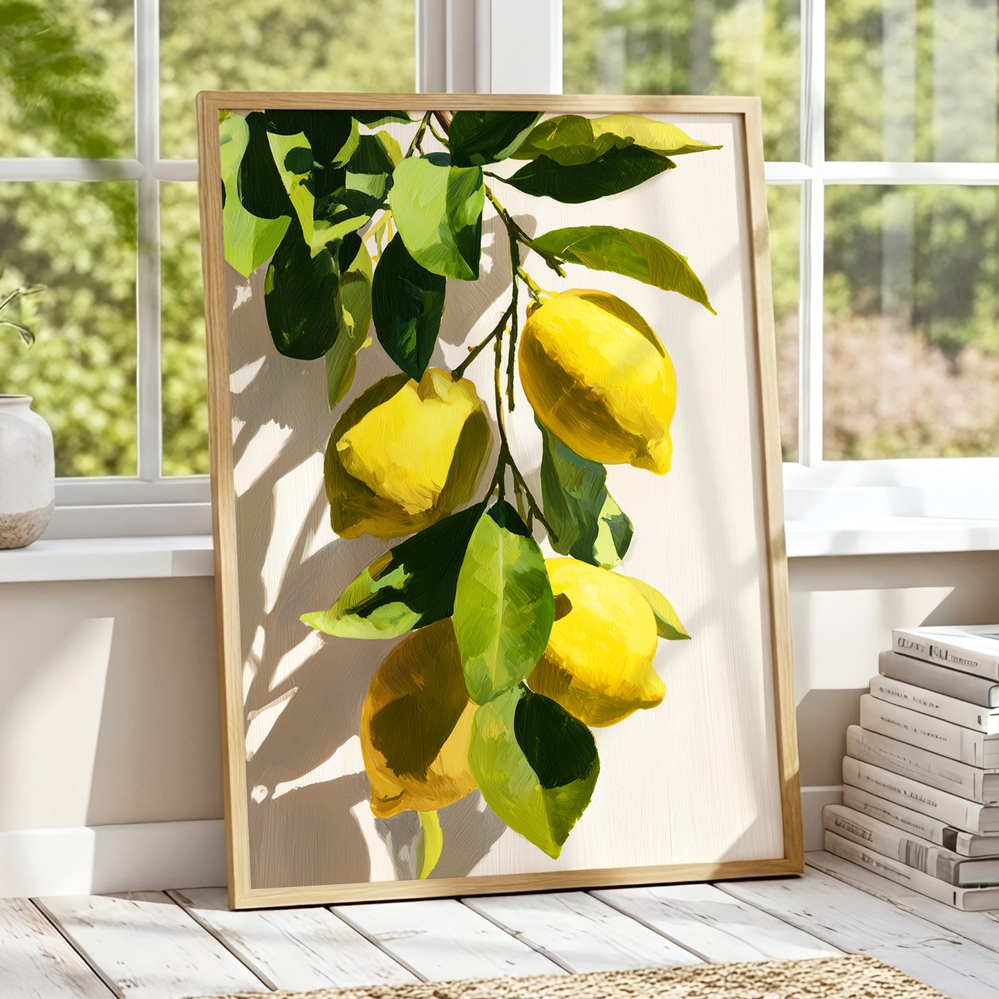 Sunlit Lemon Bough, green, yellow, beige nature wall art displayed in a styled interior, gallery view 9