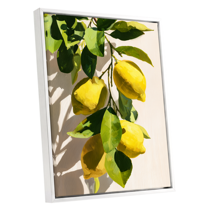 Sunlit Lemon Bough, green, yellow, beige nature wall art shown as a white framed canvas wall art